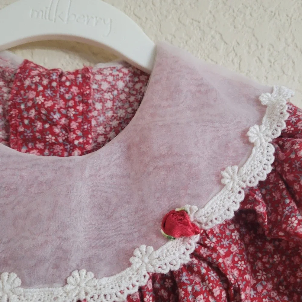 Vintage Sarah Kent 4T Red Floral Puff Sleeve Dress Lace Collared Bow Cottagecore